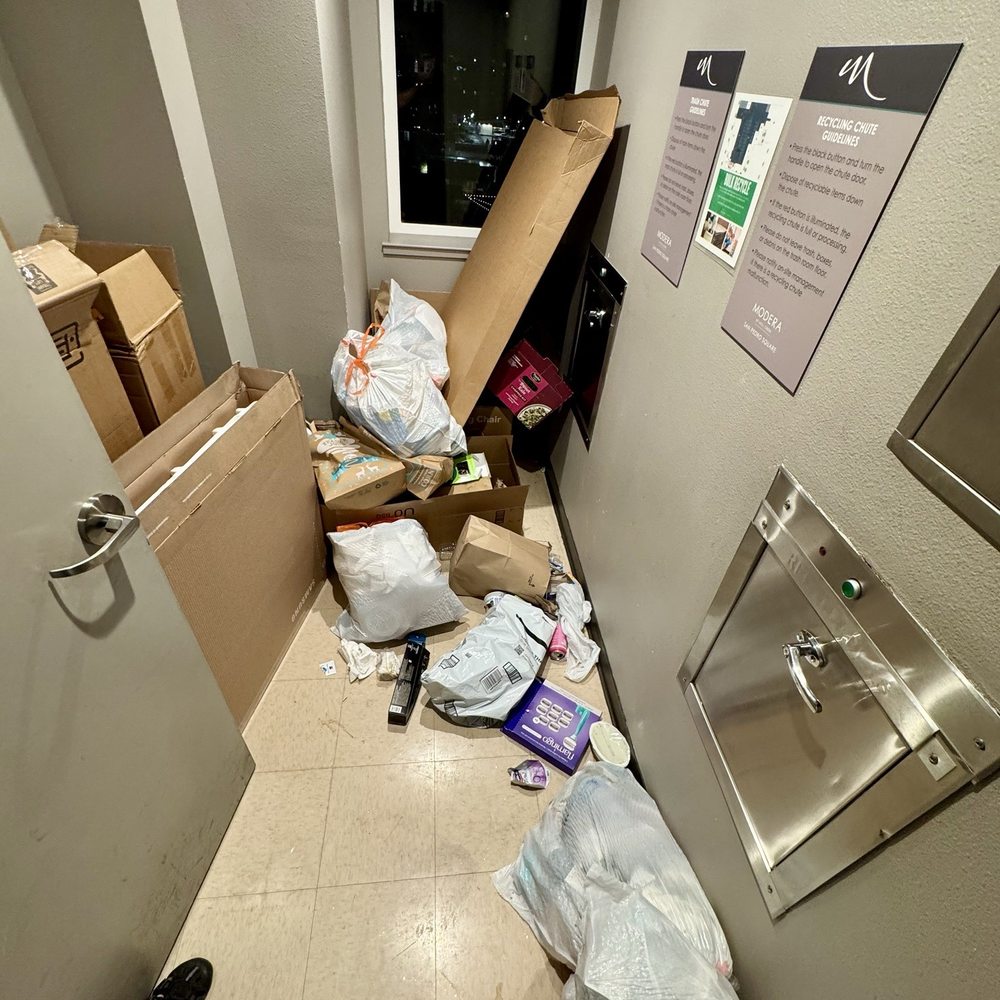 Modera San Pedro Square - Unsanitary and unsafe trash pile-up in the trash room. - Apartments Near Me - San Jose, California Modera San Pedro Square - Unsanitary and unsafe trash pile-up in the trash room. - Apartments Near Me - San Jose, California