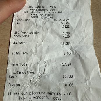 BBQ Pete's - receipt - Barbeque Near Me - Kent, Washington BBQ Pete's - receipt - Barbeque Near Me - Kent, Washington