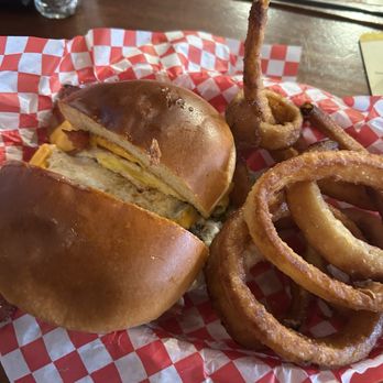 So Long Saloon - Resist Temptation Burger add avocado with onion rings - Bars Near Me - Manhattan, Kansas So Long Saloon - Resist Temptation Burger add avocado with onion rings - Bars Near Me - Manhattan, Kansas