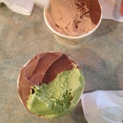 Nucci's Gelati - Pistachio with medium chocolate and amaretto with super dark. Size small.....plenty!