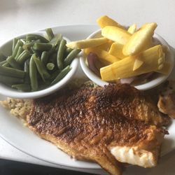 Magel's Grill - Blackened Cod on rice with green beans and steamed squash - Very Delicious