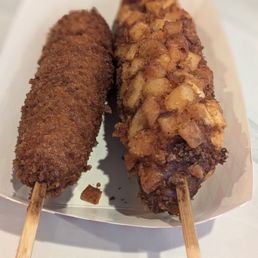 Left: Chungchun Hot Dog Right: Potato mozzarella Left: Chungchun Hot Dog Right: Potato mozzarella