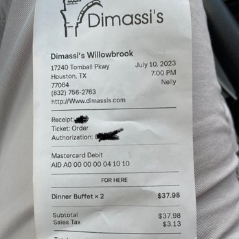 Dimassi's Mediterranean Buffet - Willowbrook - Receipt for 2 people for dinner hour. - Mediterranean Near Me - Houston, Texas