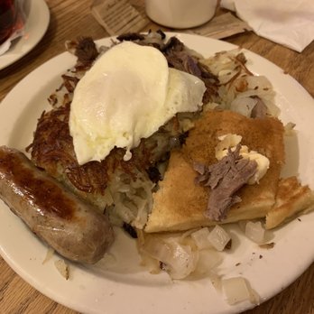 Smoke On The Water - A little bit of the pulled pork hash, pulled brisket hash, and lemon curd pancake - American Near Me - Charlevoix, Michigan