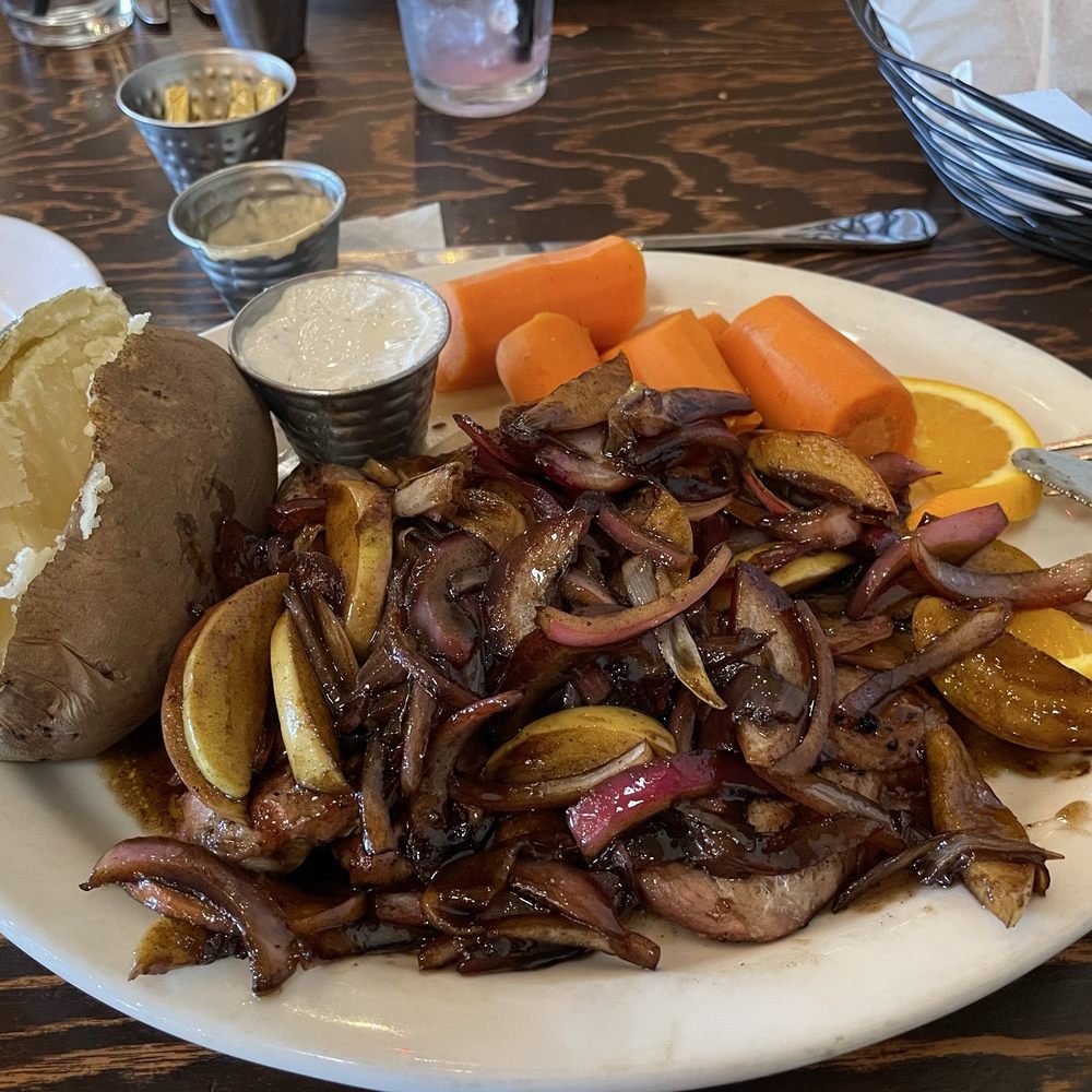 Sagebrush Grill - Pork tenderloin (with baked apples and onions) and baked potato (along with house-made sour cream) and real carrots! - Seafood Near Me - Richfield, Utah Sagebrush Grill - Pork tenderloin (with baked apples and onions) and baked potato (along with house-made sour cream) and real carrots! - Seafood Near Me - Richfield, Utah