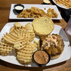 Charleston Sports Pub - James Island - Cold burger with a tea spoon of pinento and cold fries