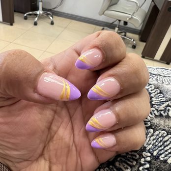 Vivi Nails and Spa - Purple French style diagonal tip mani with gold stripes - Nail Salons Near Me - Norco, California Vivi Nails and Spa - Purple French style diagonal tip mani with gold stripes - Nail Salons Near Me - Norco, California