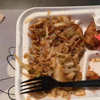 Panda Express - Supposed to be chow mein and orange chicken but it's onions and no noodles! Build Your Own Bigger Plate - 2 Half Sides - Chinese Near Me - Jackson, Michigan