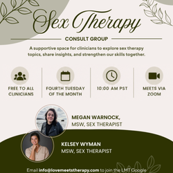 Love Meets Therapy - Sex Therapy Consult Group for clinicians. Free monthly Zoom meetings on 4th Tuesdays led by specialized WA sex therapists.