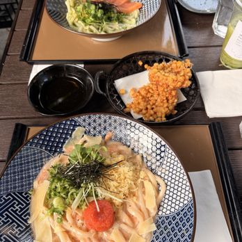 Udon Mugizo - Mountain View - Mentai cream udon, corn tempura, and salmon spinach udon - Japanese Near Me - Mountain View, California