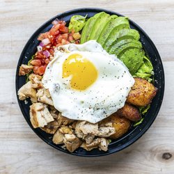 YES! Cafe - Yes! Bowl - Chicken breast, rice, pico de gallo, plantains, lettuce and avocado toppped with a fried egg.