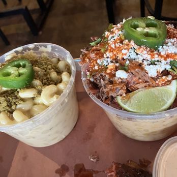 Panther City BBQ - Med Mac and cheese left (only $2 more than small and double the qty.) brisket elote on right - Caterers Near Me - Fort Worth, Texas Panther City BBQ - Med Mac and cheese left (only $2 more than small and double the qty.) brisket elote on right - Caterers Near Me - Fort Worth, Texas