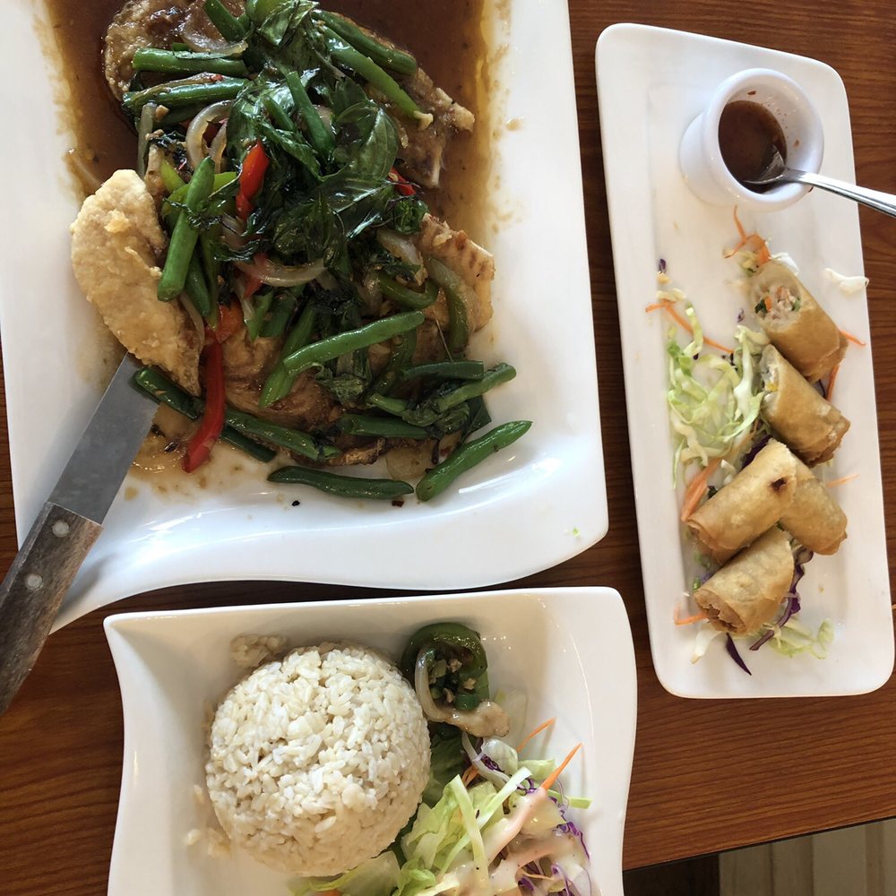 Pikul Thai Bistro - Basil tilapia, brown rice and a side of salad. Dish was tasty! - Thai Near Me - Fairfield, California