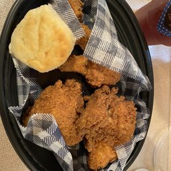 Southern Fried Chicken, mashed potatoes, Fried Okra and a biscuit