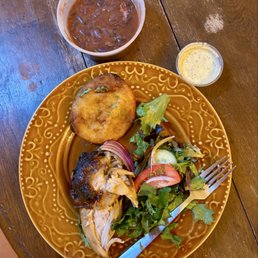 Papa Rellena and 1/2 Rotisserie Chicken with beans and salad