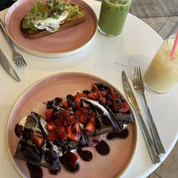 Rose Cafe - Ube waffles, avocado toast, iced matcha latte, and iced London fog - Breakfast & Brunch Near Me - Oceanside, California Rose Cafe - Ube waffles, avocado toast, iced matcha latte, and iced London fog - Breakfast & Brunch Near Me - Oceanside, California