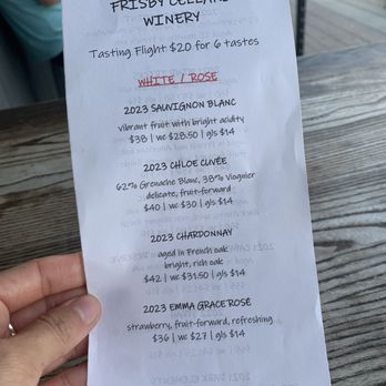 Frisby Cellars - Tasting Menu 7/18/24 - Wine Tasting Room Near Me - Dana Point, California