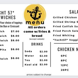 Yacht 57 - Menu Sandwiches, Salads, chicken nuggets