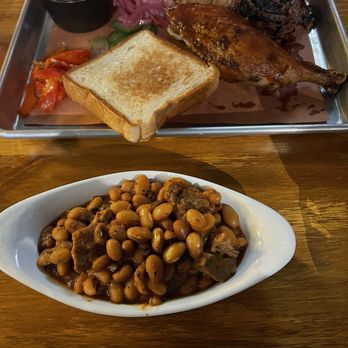 Mighty Quinn's Barbeque - 2 meat platter Brisket  Chicken Beans were extra - Barbeque Near Me - Norwalk, Connecticut