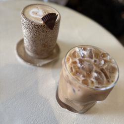 Kompound Cafe - Left - PB latte. Right - date caramel latte.
