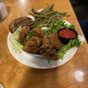 Bull On the Beach - Fried shrimp (large) vege of the day garlic beans with baked potato. - American Near Me - Ocean City, Maryland Bull On the Beach - Fried shrimp (large) vege of the day garlic beans with baked potato. - American Near Me - Ocean City, Maryland