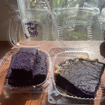 Ube Galore Breads & More - L. Ube Mochi Brownies (10), R. Ube Egg Pie. Noticeable lack of labels - Desserts Near Me Ube Galore Breads & More - L. Ube Mochi Brownies (10), R. Ube Egg Pie. Noticeable lack of labels - Desserts Near Me