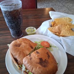 Chicken Torta w/ chips n a Dr Pepper