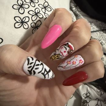Bella Spa & Nails - Acrylic nail set with gel designs featuring a Lucky cat, cherry blossoms and the Chinese symbol for love for the lunar new year. - Nail Salons Near Me - Burleson, Texas Bella Spa & Nails - Acrylic nail set with gel designs featuring a Lucky cat, cherry blossoms and the Chinese symbol for love for the lunar new year. - Nail Salons Near Me - Burleson, Texas