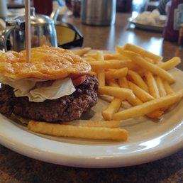 Cloudie bun and burger with the works and regular fries
