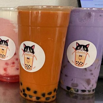 Purl Tea - Strawberry frizzy blizz with popping boba Thai purl meow tea with half boba  And a taro purl meow tea with half boba - Bubble Tea Near Me - Escondido, California