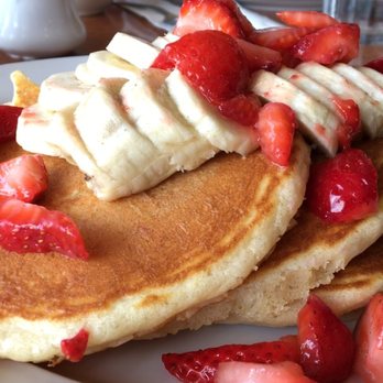 Honey Jam Cafe - Classic Pancakes w/ Bananas baked inside; plenty of fresh banana and strawberries on top! No butter/whipped cream, but Not vegan friendly :( - Diners Near Me - Wheaton, Illinois Honey Jam Cafe - Classic Pancakes w/ Bananas baked inside; plenty of fresh banana and strawberries on top! No butter/whipped cream, but Not vegan friendly :( - Diners Near Me - Wheaton, Illinois
