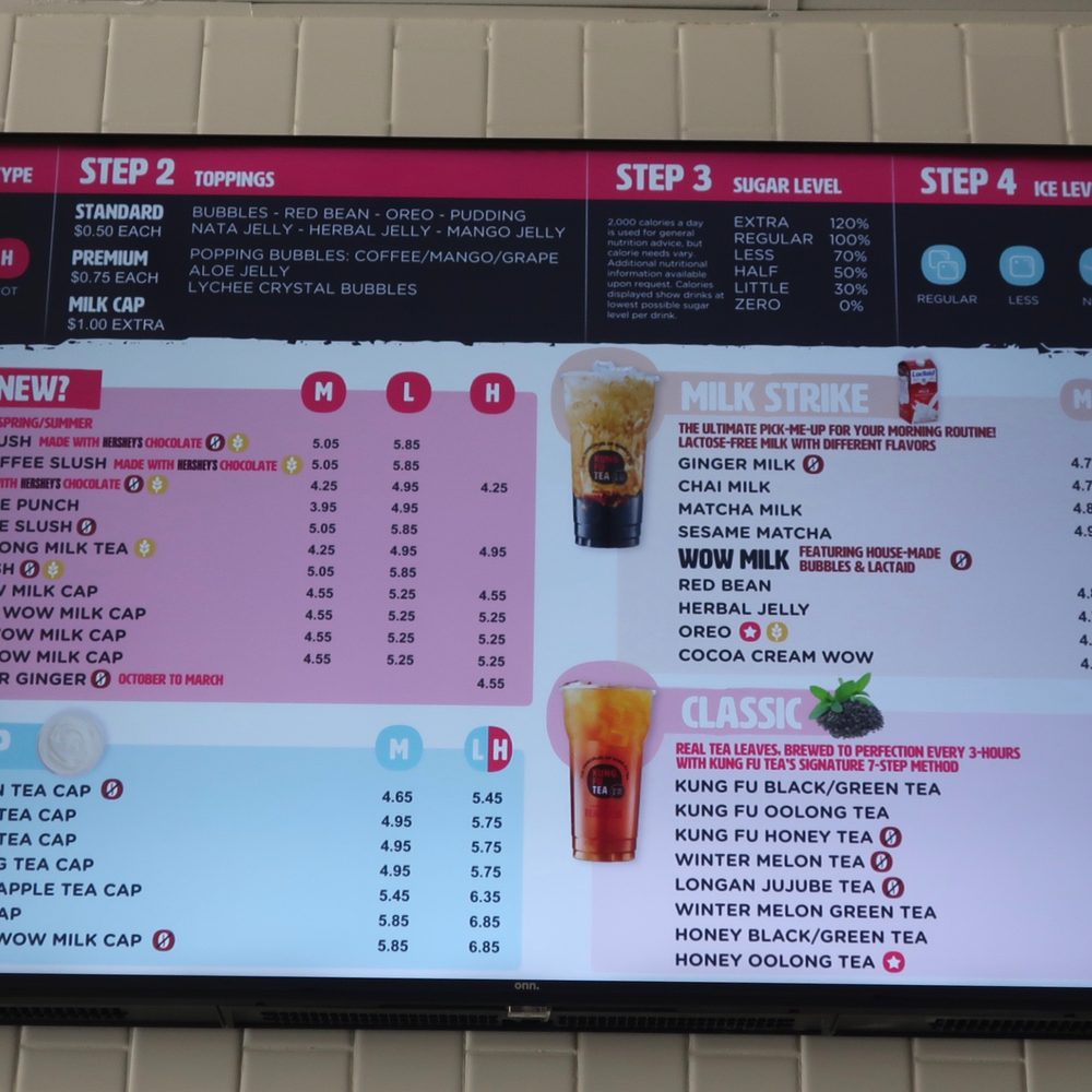 Kung Fu Tea - Extensive menu board, circa April 2021. - Coffee & Tea Near Me - Rolling Meadows, Illinois Kung Fu Tea - Extensive menu board, circa April 2021. - Coffee & Tea Near Me - Rolling Meadows, Illinois