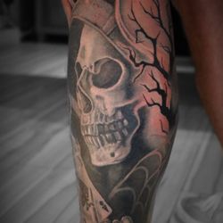 The Black Ohm Tattoo Shop - Reaper leg sleeve tattoo by Steve Kretz