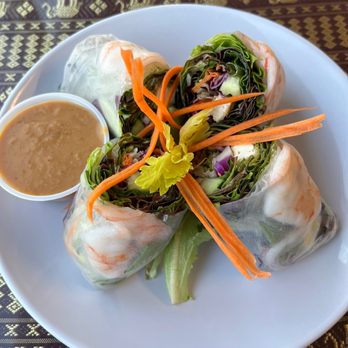 Tasty Thai - Fresh Summer Rolls with Thai with jumbo shrimp and peanut sauce for dipping. - Thai Near Me - Arroyo Grande, California Tasty Thai - Fresh Summer Rolls with Thai with jumbo shrimp and peanut sauce for dipping. - Thai Near Me - Arroyo Grande, California