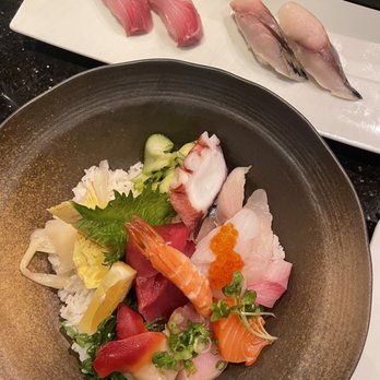 Ginza Sushi - Hamachi nigiri (top left), mackerel nigiri (top right), and chirashi bowl - Sushi Bars Near Me - Tucson, Arizona
