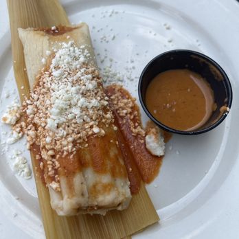 El Potro Mexican Grill - Tamale with their homemade habanero hot sauce. - Mexican Near Me - Lowell, Massachusetts