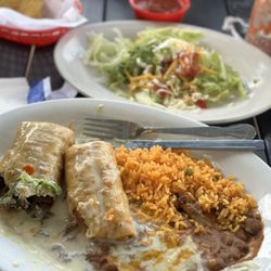 Aguacates Mexican Restaurant - I ordered the chimichanga with beans and rice and requested one shrimp and one steak.