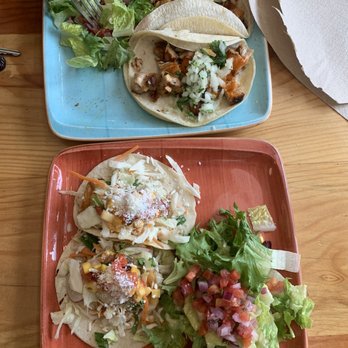Fish Taco - Blue plate: chicken tacos; Red Plate: grilled fish taco - Mexican Near Me - Bethesda, Maryland Fish Taco - Blue plate: chicken tacos; Red Plate: grilled fish taco - Mexican Near Me - Bethesda, Maryland