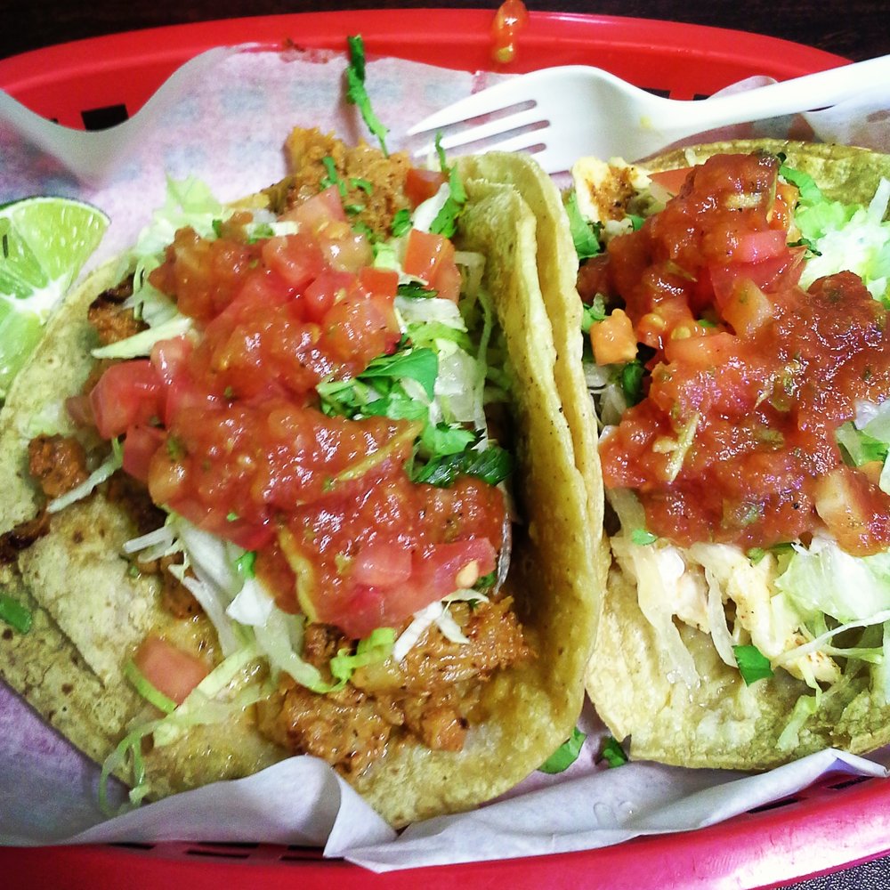 Chicken and pork tacos.