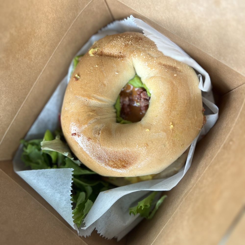 Green Haus Cafe - Loaded Breakfast Sandwich on a Plain Bagel with Chipotle Aoli - Cafes Near Me - Boston, Massachusetts