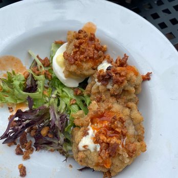 The Boathouse - Deviled eggs with fried oysters, buffalo/blue bacon bits - Seafood Near Me - St Augustine, Florida The Boathouse - Deviled eggs with fried oysters, buffalo/blue bacon bits - Seafood Near Me - St Augustine, Florida