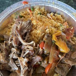 Newtown Road Italian Deli & Pizza - Hot bar food - rice, pernil & stewed beef with peppers and onions