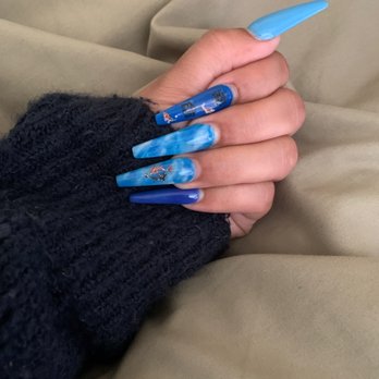 Oh My Nails - Blue water nails - koi fish stickers and Japanese letters - Nail Salons Near Me - Hayward, California Oh My Nails - Blue water nails - koi fish stickers and Japanese letters - Nail Salons Near Me - Hayward, California