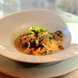 Romantik Hotel Muottas Muragl - Spätzli dough with air-dried venison in chard leaf on mushroom ragout, CHF 19.50