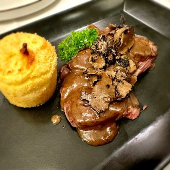 Life - Beef fillet sliced with summer black truffle, soft potato pie filled with smoked provola cheese - Italian Near Me - Rome, RM Life - Beef fillet sliced with summer black truffle, soft potato pie filled with smoked provola cheese - Italian Near Me - Rome, RM