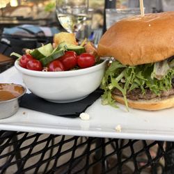 Dillon Dam Brewery - Lamb burger with chutney & goat cheese; side salad.