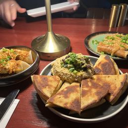 Dumplings, hummus and egg rolls
