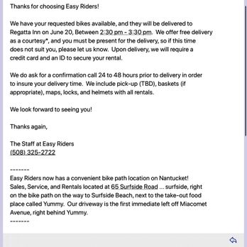 Easy Riders Bicycles - Delivery Confirmation - Bike Rentals Near Me - Nantucket, Massachusetts Easy Riders Bicycles - Delivery Confirmation - Bike Rentals Near Me - Nantucket, Massachusetts