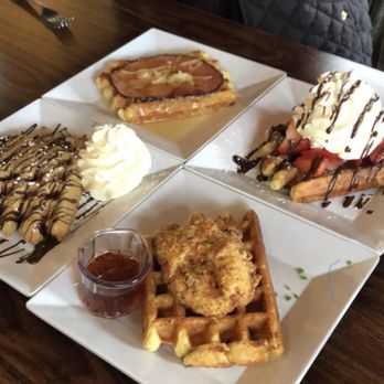 The Waffle Window - Fried Chicken and Waffles, Peanut Butter and Chocolate Waffle, Ham and Cheese Waffle, and Strawberry Nutella Waffle - Breakfast & Brunch Near Me - Portland, Oregon