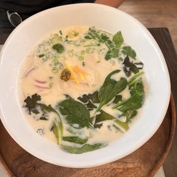Rin-Tei - Creamy Soy Milk Pho with Poached Yuzu Chicken and greens ($25). - Asian Fusion Near Me - San Mateo, California Rin-Tei - Creamy Soy Milk Pho with Poached Yuzu Chicken and greens ($25). - Asian Fusion Near Me - San Mateo, California